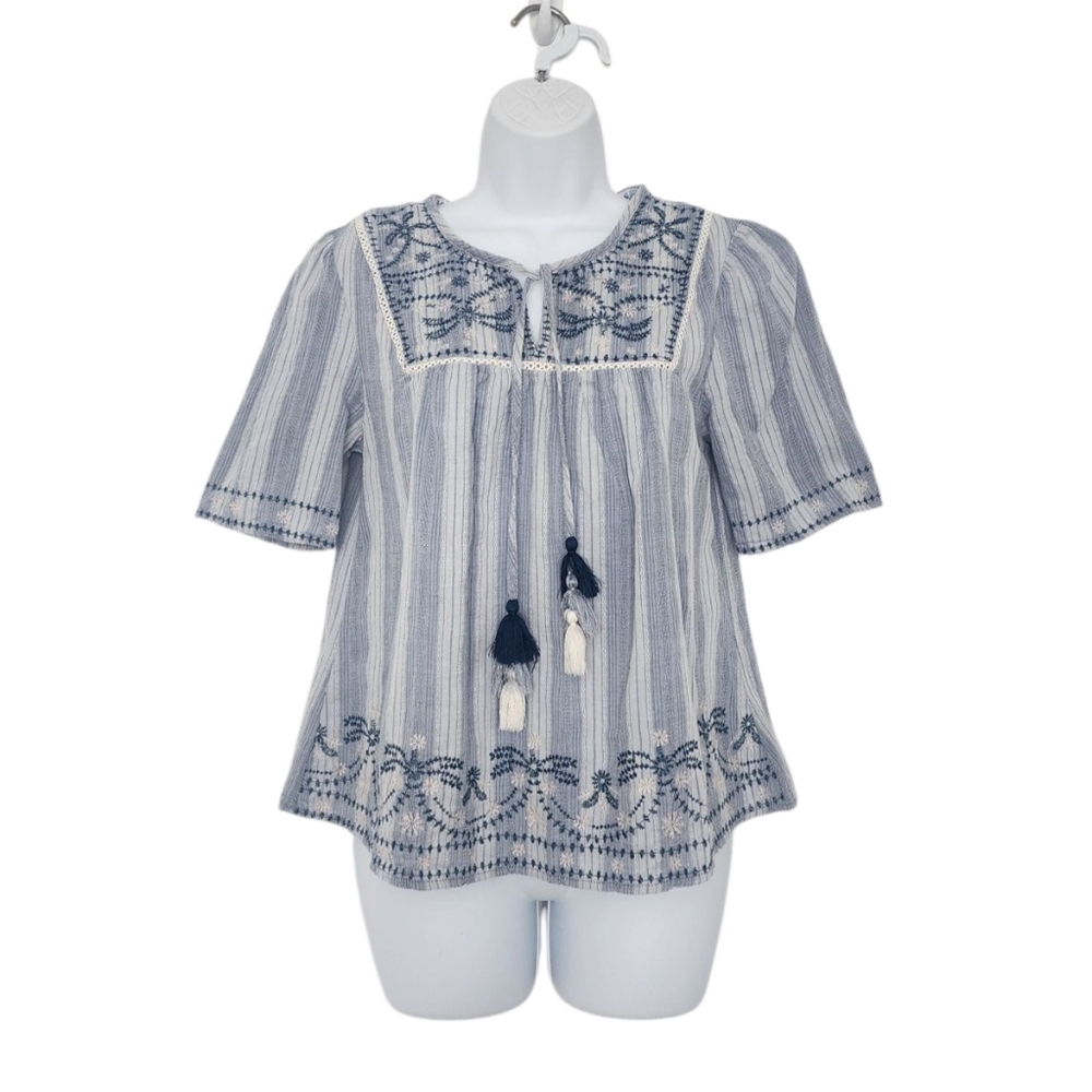 Knox Rose Womens Embroidered Peasant Blouse Size Small Blue Tassels Boho.